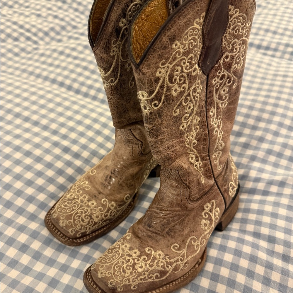 Corral Brown Embroidered Western Heeled Boots Teen Size 2 - Picture 7 of 7